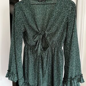 SHEIN Dark Green Polka Dot Tie-Front Blouse